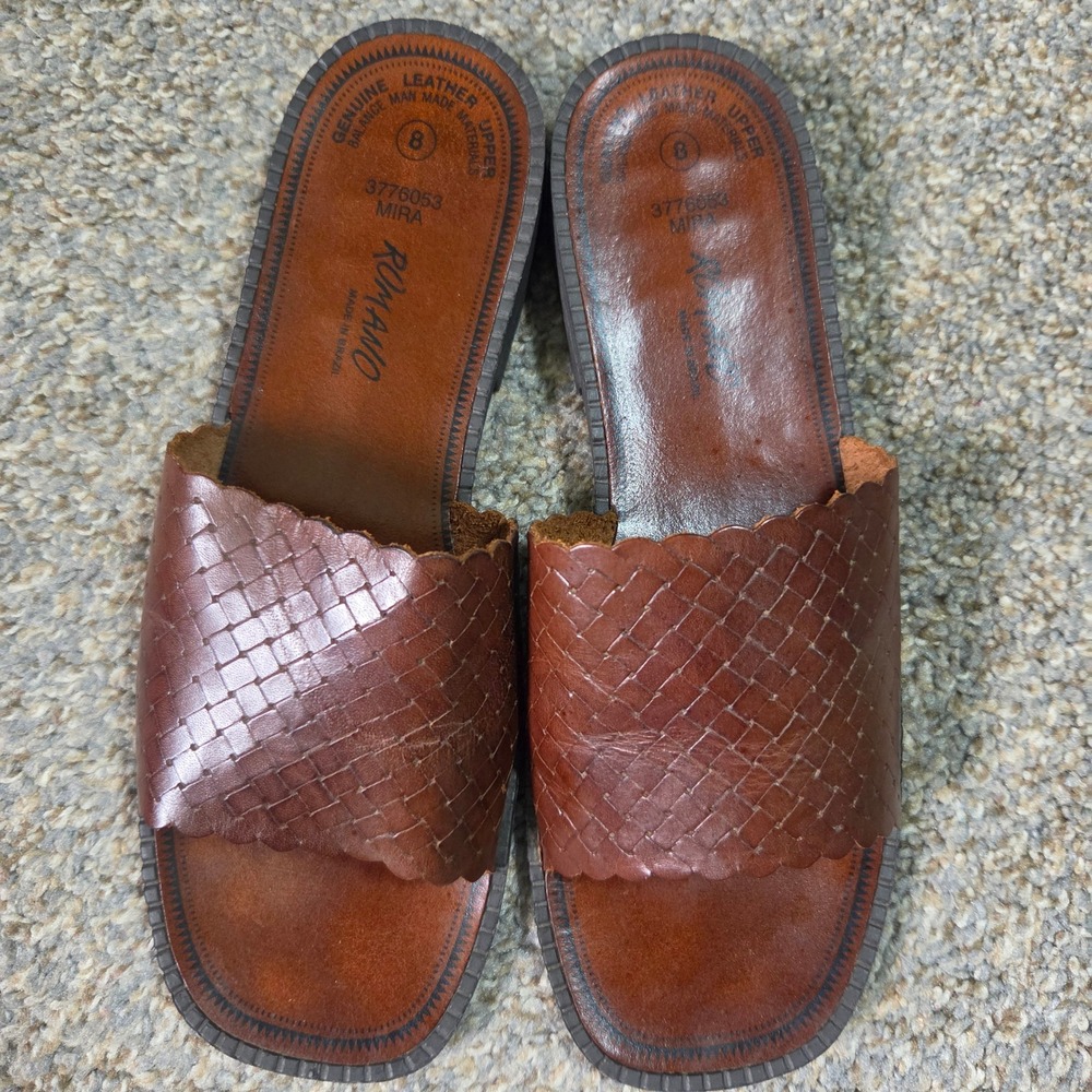 Romano Mira Womens Brown Woven Leather Scalloped Slide Sandals Made in Brazil 8